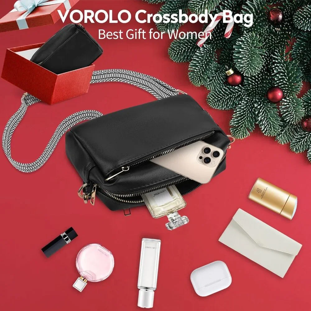 💫 Women Black Leather Cross body Purse Triple Zip Ajustable Strap Shoulder Bag